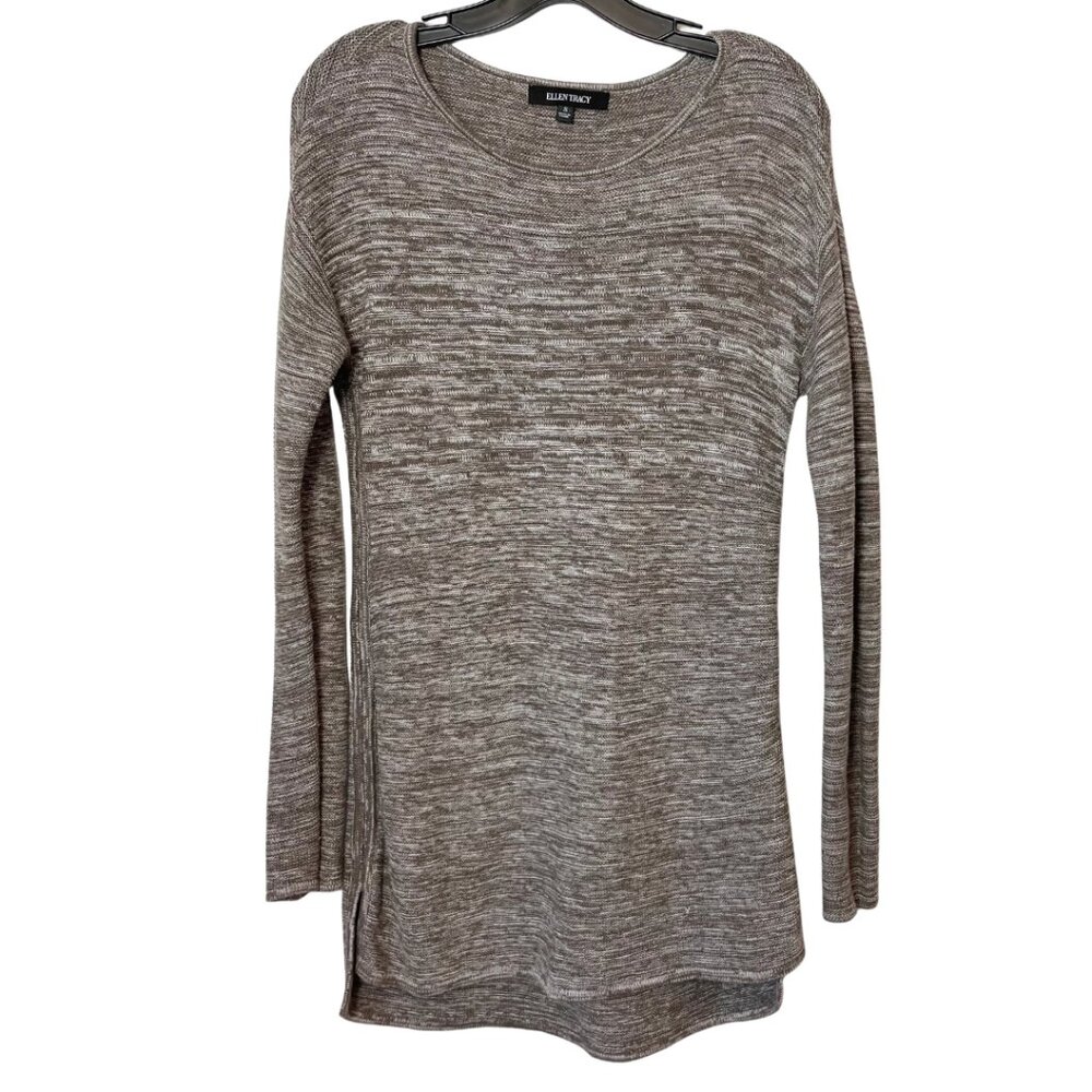 Ellen Tracy Marled Long Sleeve Tunic Sweater Brown S High Low Hem Cozy Knit‎